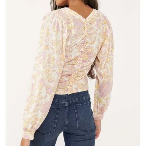 Free People Say The Word Ivory Combo XS long sleeve pink shirt blouse NWT $78 - Picture 2 of 8